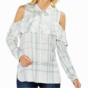 Two By Vince Camuto Blue and White Ruffled Button Down Shirt Women’s Small